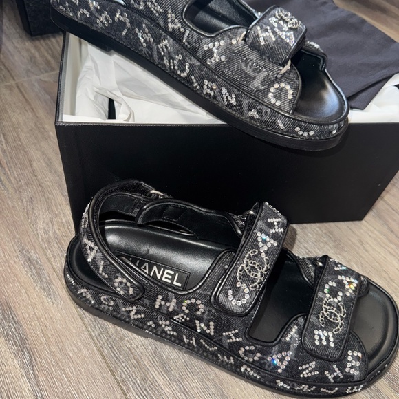 CHANEL NT916 Black Crystal Sandal | Chanel dad shoes (black  Chanel G35927 NT916 Sandals – Black Denim & Rhinestone, Size 38 (Worn Once)